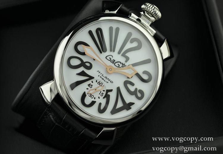 GaGaMILANO ガガミラノ腕時計 日本製クオーツ ホワイト ケース ブラック インデックス レザー 2針 機械式手巻き夜光効果