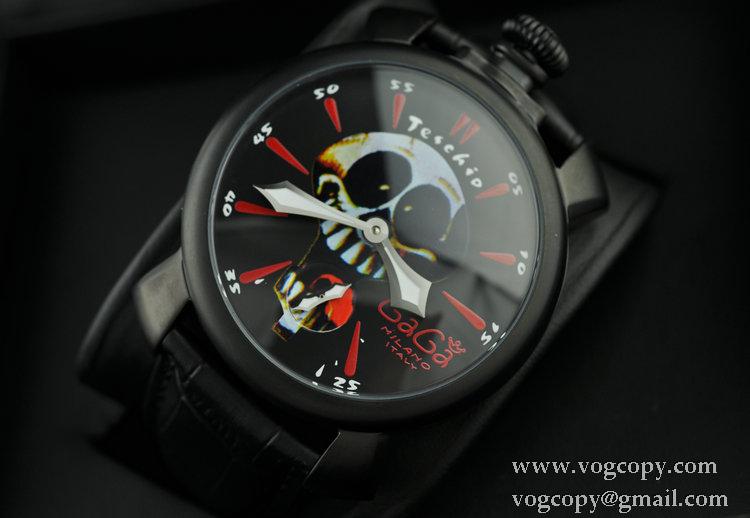 GaGaMILANO ガガミラノ腕時計 日本製クオーツ 2針 機械式手巻き夜光効果 ブラック レザー