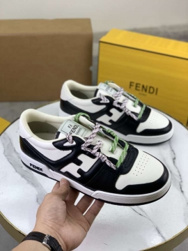 2026年夏新作【Fendi】スニーカー レザー FF柄 黄緑鞋带 白底 ホワイト×black カジュアル 
