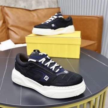 2026年夏新作【Fendi】スニーカー レザー F柄 白底 ブラック×ネイビー カジュアル 