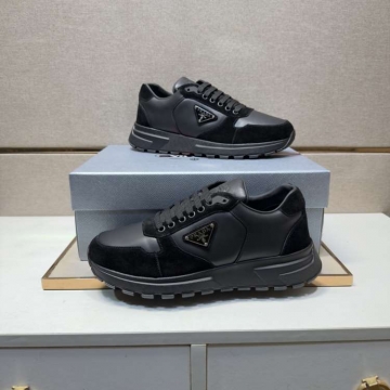 2026新作【Prada】スニーカー レザー×スエード トライアングルロゴ Black カジュアル 