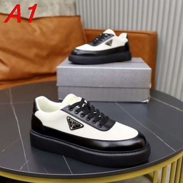 2026入荷しました【Prada】スニーカー 编针织×光泽レザー 倒三角标识 黑白撞色 ストリート 