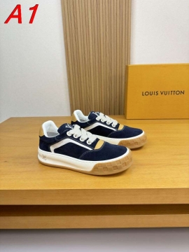 2026年夏新作【Louis Vuitton】スニーカースエード×レザー  Logo装饰 V装饰 藏ブルー×ゴールド カジュアル 