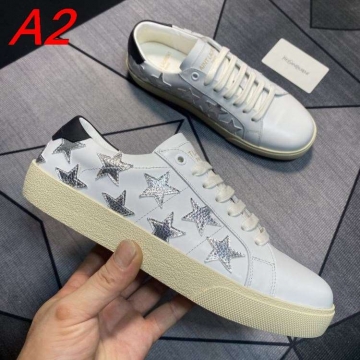 2026年夏新作【Saint Laurent】スニーカーレザー 星装飾 YSL Logo プラットフォーム 白×黒×シルバー カジュアル 