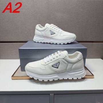 2026入荷【Prada】スニーカー レザー 荔枝纹 倒三角标识 Black×グレー カジュアル 