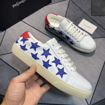 2026発売【Saint Laurent】スニーカーレザー 星装飾 YSL Logo 白×青×赤 カジュアル 