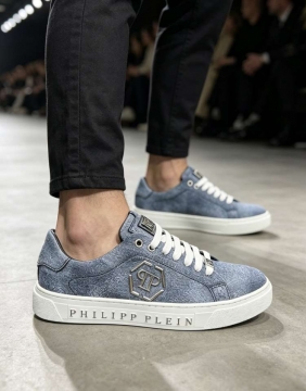 2026新作登場！【Philipp Plein】スニーカー キャンバス ウォッシュドデニム ブルー ストリート 