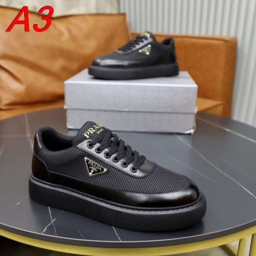 2026入荷しました【Prada】スニーカー 编针织×光泽レザー 倒三角标识 黑白撞色 ストリート 