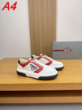 2026発売【Prada】スニーカー レザー 倒三角标识 赤装饰  White× Black カジュアル 