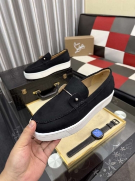 2026入荷【Christian Louboutin】ローファー スエード 金属杆×珠子装飾  ブラック×ホワイト フォーマル 