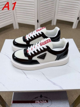 2026入荷【Prada】スニーカー レザー×网眼 赤リボン饰り 黑白撞色 カジュアル 