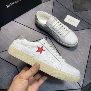 2026新作登場！【Saint Laurent】スニーカーレザー 星装飾 YSL Logo 白×赤×グレー カジュアル 