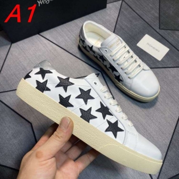 2026年夏新作【Saint Laurent】スニーカーレザー 星装飾 YSL Logo プラットフォーム 白×黒×シルバー カジュアル 