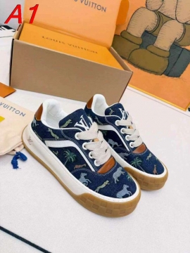 2026新作【Louis Vuitton】スニーカーデニム×レザー アニマルプリント ロゴ ネイビー×ブラウン ストリート 