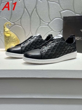 2026入荷【Armani】スリッポン レザー×ファブリック 菱格压纹 ブラック×ホワイト カジュアル 