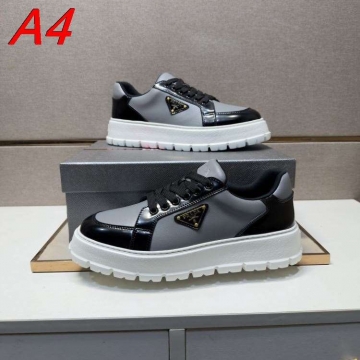 2026入荷しました【Prada】チャンキースニーカー レザー 金色三角标 黑白撞色 ストリート 