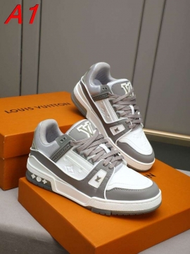 2026年夏新作【Louis Vuitton】スニーカーレザー ロゴ グレー×ホワイト ストリート 