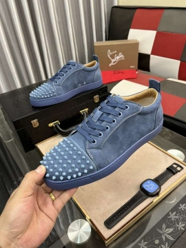 2026発売中！【Christian Louboutin】スニーカー スエード 锥形釘装飾 ブルー×ブラウン ストリート 