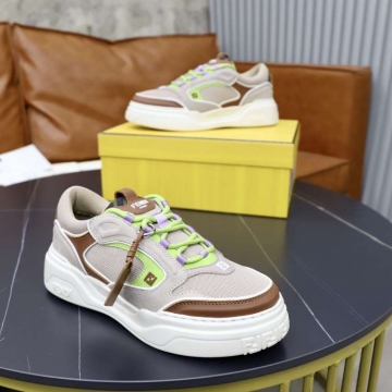 2026発売中！【Fendi】スニーカー メッシュ×レザー F柄 白底 グレー×布朗×グリーン カジュアル 