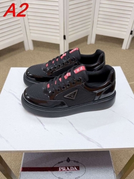 2026入荷【Prada】スニーカー レザー×网眼 赤リボン饰り 黑白撞色 カジュアル 
