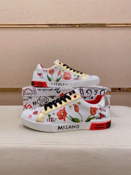2026新作【Dolce & Gabbana】スニーカー レザー 金铆钉×花卉柄 DG柄 ホワイト×レッド×ゴールド ストリート 