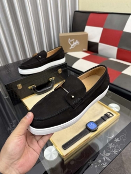 2026入荷【Christian Louboutin】ローファー スエード 编织紋様×五金装飾  ブラック×シルバー ビジネス 