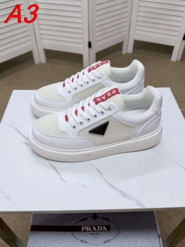 2026入荷【Prada】スニーカー レザー×网眼 赤リボン饰り 黑白撞色 カジュアル 