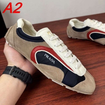 2026入荷しました【Prada】スニーカー レザー×网状 赤×银装饰  White×ネイビー カジュアル 