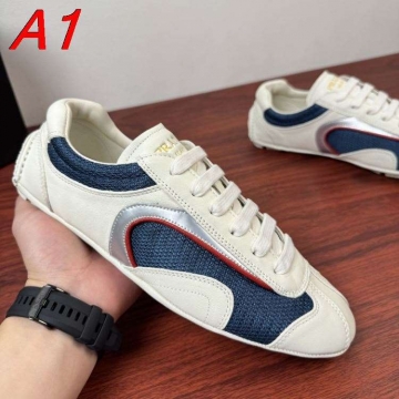 2026入荷しました【Prada】スニーカー レザー×网状 赤×银装饰  White×ネイビー カジュアル 