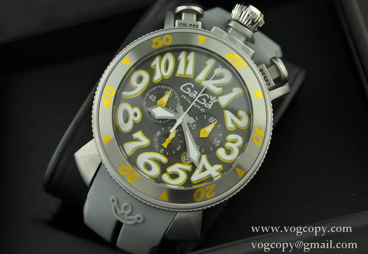 ガガミラノ腕時計 GaGaMILANO 日本製クオーツ　6針 グレー ケース イエロー インデックス