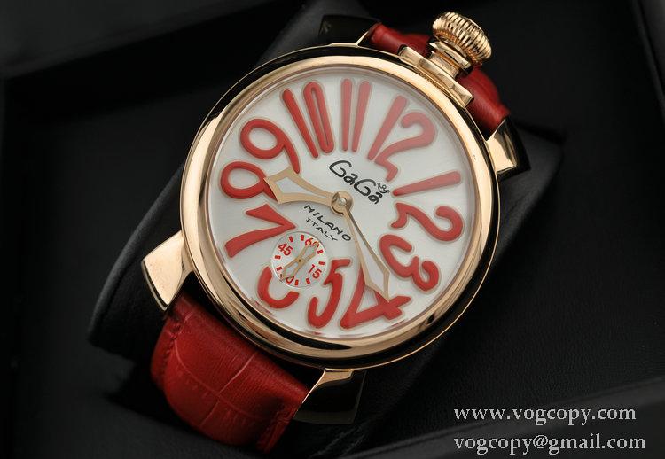 ガガミラノ腕時計 GaGaMILANO ホワイト文字盤　赤インデックス 手巻 レザー
