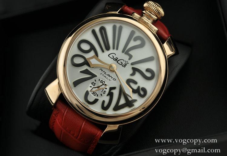 ガガミラノ腕時計 GaGaMILANO ホワイト文字盤　黒インデックス 手巻 レザー　赤