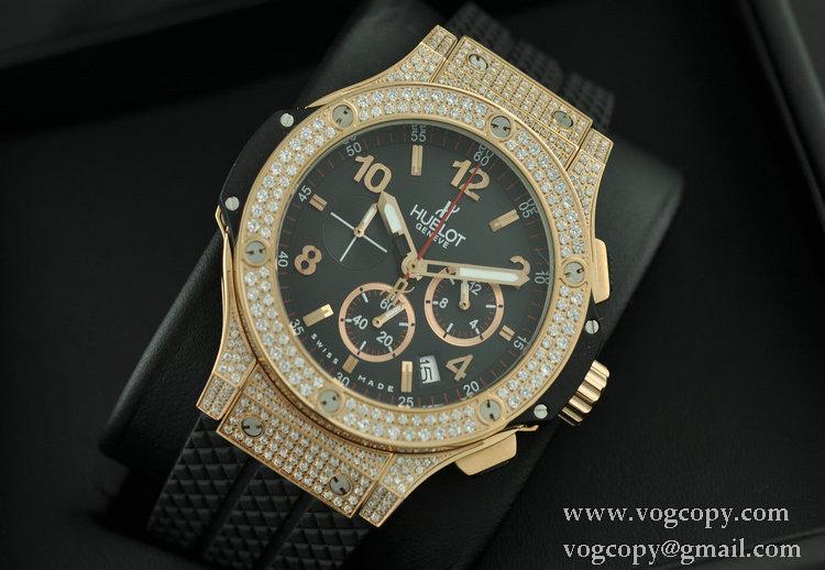 Hublotウブロ メンズ腕時計 日本製クオーツVK 日付表示 ラバー サファイヤクリスタル風防 ダイヤベゼル ゴールド