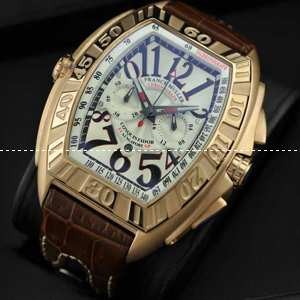 大活躍FRANCK MULLER フランクミュラー メンズ腕時計 日本製クオーツ 5針 日付表示 夜光効果 ゴールド レザー