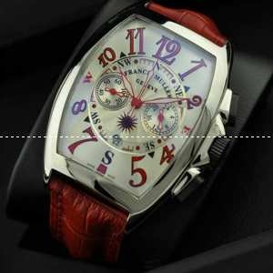 日本製クオーツ 5針クロノグラフ 日付表示 FRANCK MULLER フランクミュラー メンズ腕時計 レザー 赤色
