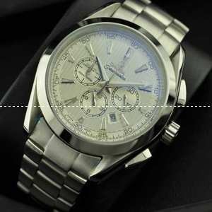 OMEGA オメガ 日本製クオーツ 6針クロノグラフ メンズ腕時計 日付表示 月付表示 サファイヤクリスタル風防 シルバー